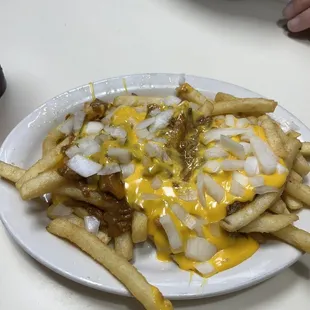 Chili cheese fries with onions... arrived nice and hot
