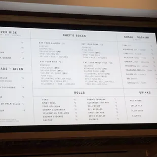 a menu on a large screen