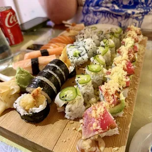 (L to R) Special Crunchy Roll, Green Belt Roll, Shrimp Tempura Roll, California Roll, Kanikama, Salmon, Seared White Tuna