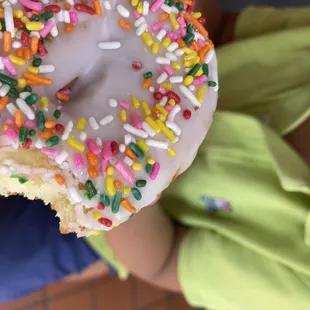a person holding a donut with sprinkles