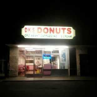 a donut shop at night