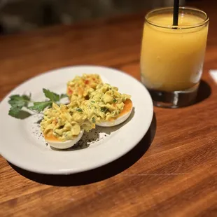 Deviled eggs with a peach Bellini  9.0/10