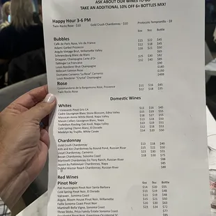 A sampling of the bubbles/wine menu