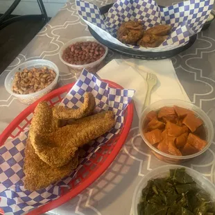 Yams, RedSnapper, Red Beans And Rice, Black Eyed peas, Greens later I had the wings which were good