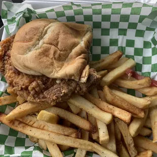 a chicken sandwich and french fries