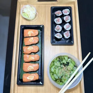 Crispy Rice Spicy Salmon, Negitoro Roll &amp; House made Cucumber Salad
