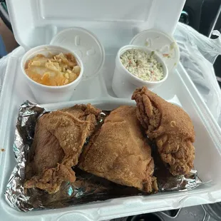 Fried chicken slaw and Mac and cheese.