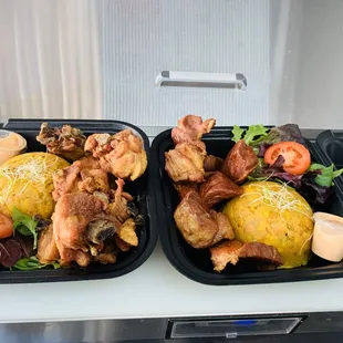Mofongos with Pork chuncks and crackling chicken .