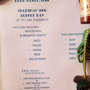 the menu for the breakfast buffet