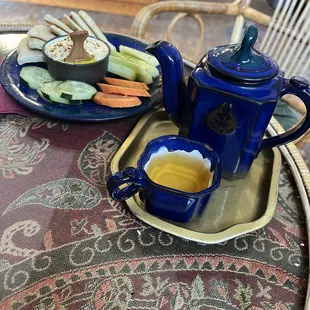 Veggie platter with hummus and non caffeinated tea