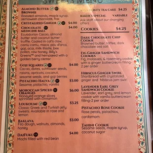 Sweets menu, November 2023
