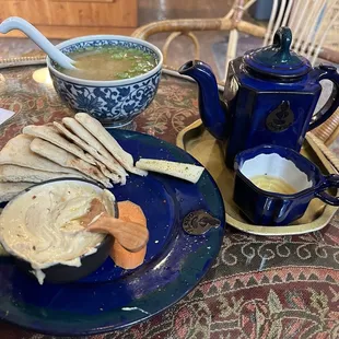 Miso soup, veggie platter with hummus