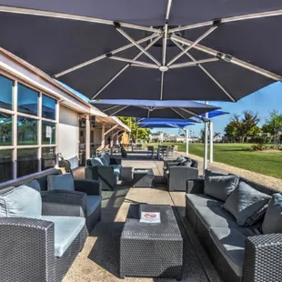 outdoor seating with umbrellas