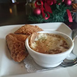 Homemade French onion soup and chicken tenders! So delicious!