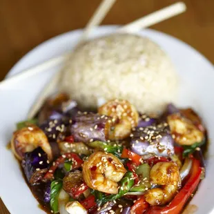 Garlic Eggplant stirfry: wok-seared japanese eggplant, red peppers, bok choy &amp; onions in sweet garlic sauce