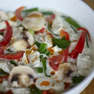 Thai Coconut Chicken Soup: red peppers, scallions, mushrooms &amp; vermicelli in a rich lemongrass coconut chicken broth