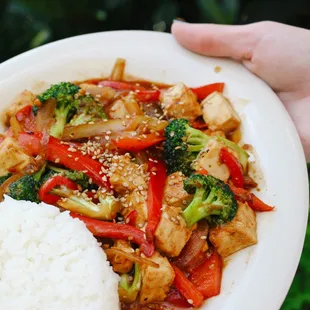 General Chey&apos;s stirfry with broccoli, onions and red peppers in the General&apos;s sweet and spicy sauce