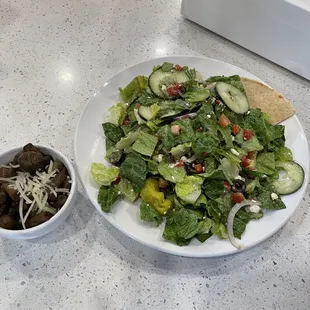 Dr. Greek Salad &amp; Parmesan "crusted" (more like sprinkled) button mushrooms.