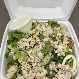 Build your own salad.  Romaine lettuce, grilled chicken, cucumber, eggs, red onions, tomatoes &amp; corn with a side of ranch dressing.