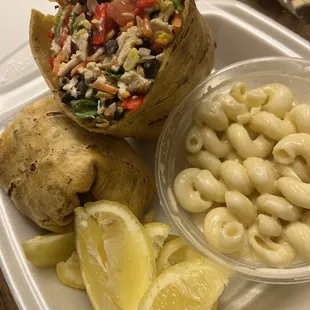 Fiesta Chicken Wrap with  Macaroni and Cheese