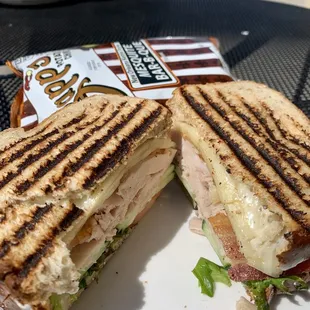 Turkey Bacon Pepper Jack Sandwich with BBQ chips