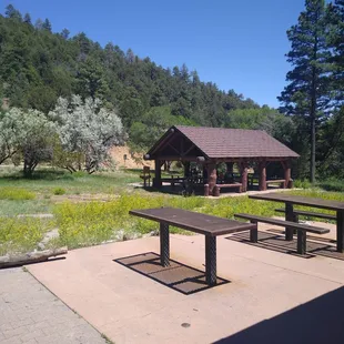 Picnic benches with shade