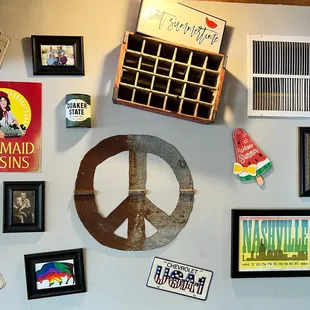 ows a variety of signs and memorabilia