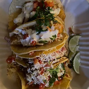 I think these were the pork tacos. A few of these might be fish tacos.  They were as good as even the best tacos I&apos;ve had out west