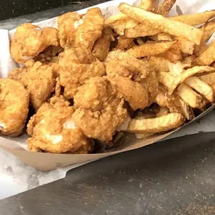 Shrimp and French fries.