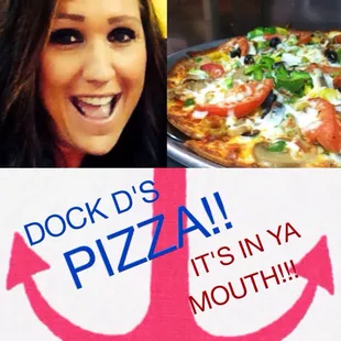 a woman smiling and a pizza