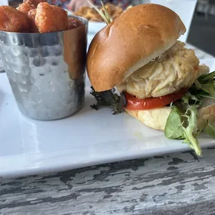 Crab cake sandwich with sweet tots