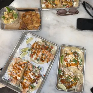 Baja Fish Taco + Smokin Salmon Taco + Garlic Shrimp Taco + Seafood Mac