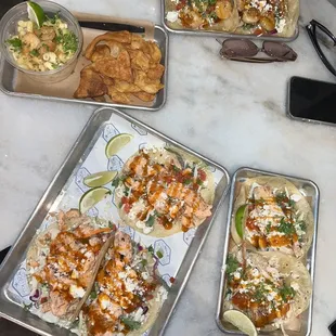 Baja Fish Taco + Smokin Salmon Taco + Garlic Shrimp Taco + Seafood Mac