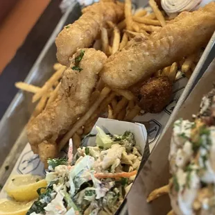 Fish and chips with slaw
