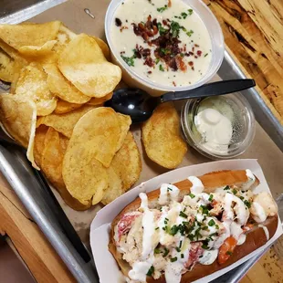 Lobster Grinder Roll, Clam Chowder and chips/pickles
