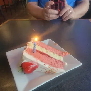 HAPPY BIRTHDAY TO ME- Strawberry Cheesecake Cake; layered cake with cheesecake in the middle w/ vanilla frosting