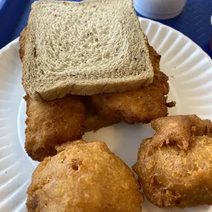 Small fish on rye: good. The hush puppies should be skipped though. They're spongy and greasy.