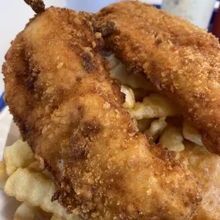 Small fish sandwich on rye with fries. Hot, perfectly fried, and very filling.