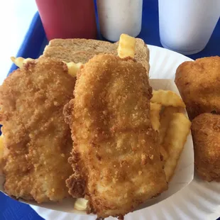 Small fish and fries, with an extra hush puppy.