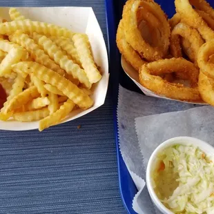 Fries, onion rings and Cole slaw
