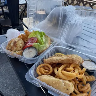 Crabcake sandwich and fish and chips