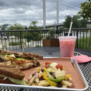 Nutty chicken, pasta salad, caprese skewers, raspberry Italian soda