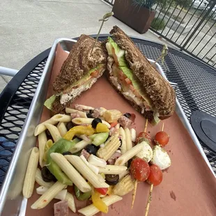 Nutty chicken, pasta salad, caprese skewers