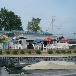 View of the main bar and top patio from B dock in Portside Marina