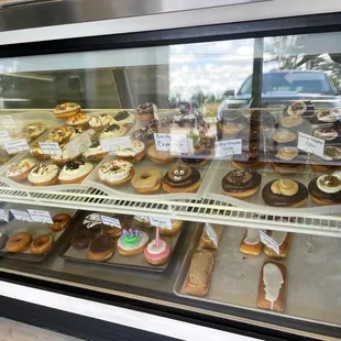 a display case full of donuts