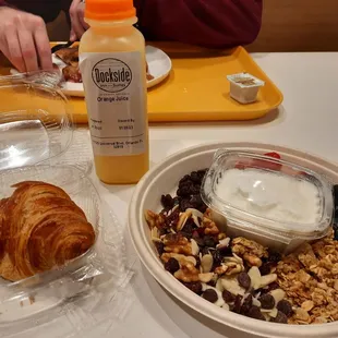 Fresh squeezed orange juice, very good croissant, yogurt parfait.