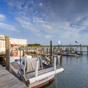 a boat docked at a dock