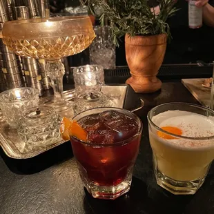 Old fashioned drink and something else (can't remember)