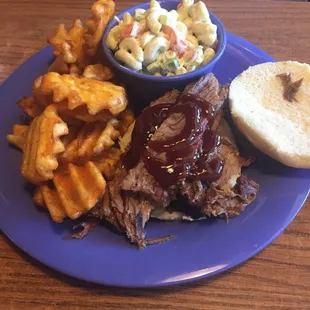 Brisket sandwich, waffle fries &amp; macaroni salad. Hubby says, "It's good!" And he's picky about brisket!