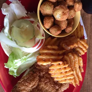 Pork Loin sandwich with waffle fry's and okra.